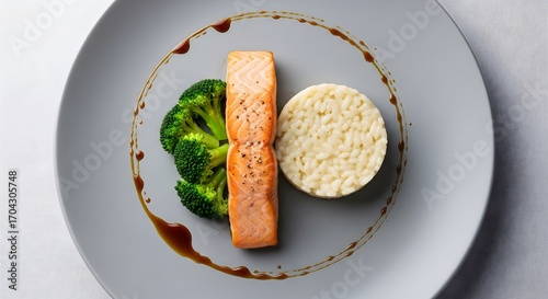 High-Key Grilled Salmon Fillet on Grey Plate with Linen. Clean and Fresh Macro Shot.
