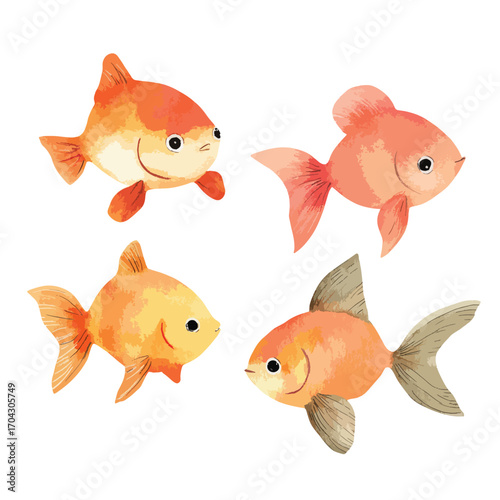 Watercolor Set of Four Unique Orange Fish Illustrations