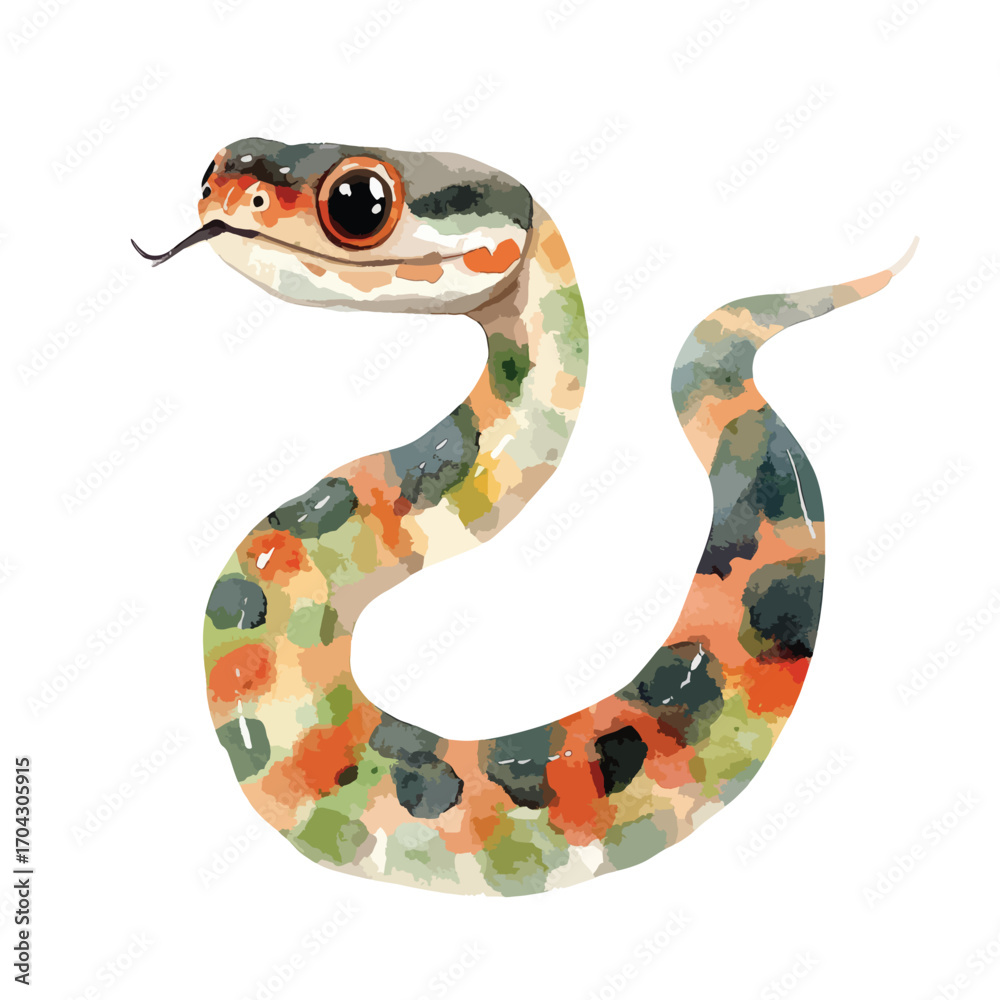 Fototapeta premium Watercolor Snake with Large Eyes and Tongue Out