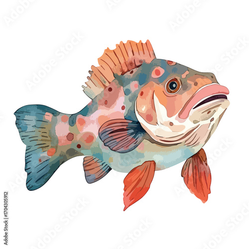 Watercolor Spotted Grouper with Orange Fins and Detailed Gill Rakers