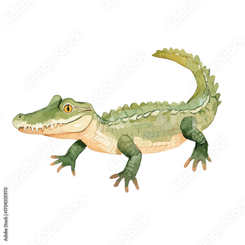 Watercolor Style Alligator with Golden Eyes and Textured Green Skin