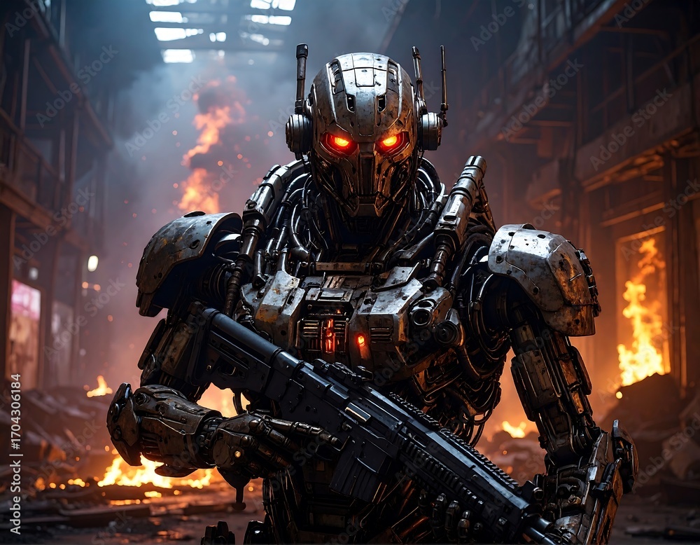 Fototapeta premium Cybernetic warrior in a ruined city