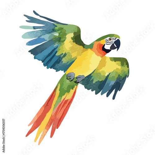 Watercolor Style Macaw in Flight Vibrant Yellow and Green Plumage