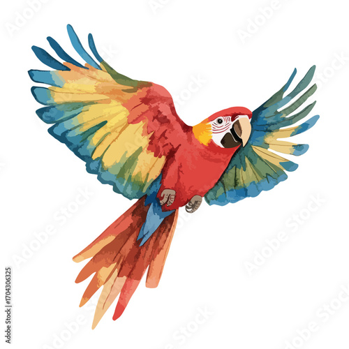 Watercolor Style Macaw Parrot with Open Wings in Flight