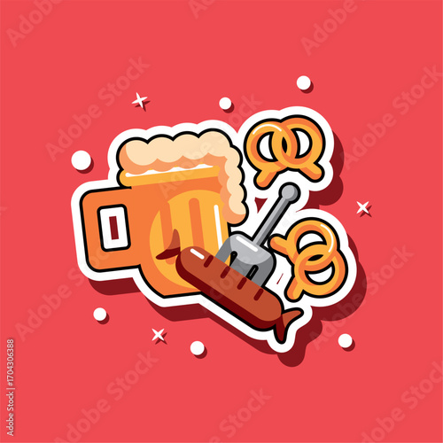 Colorful Beer, Pretzel and Sausage Sticker Illustration