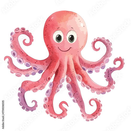 Watercolor Style Pink Octopus with Curled Tentacles and Smiling Face