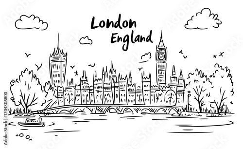 London England Skyline Sketch Vector – Houses of Parliament, Big Ben and River Thames Hand-Drawn City Illustration for Travel Guides, Prints and Stickers