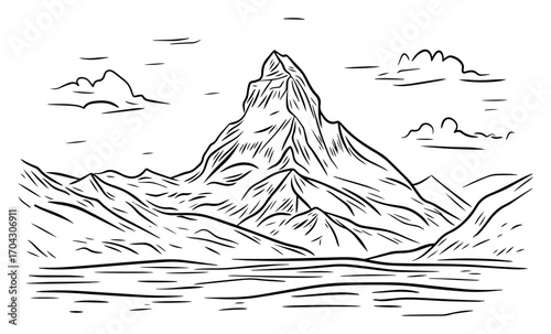 Matterhorn Peak Landscape Line Art Vector – Majestic Alpine Mountain with Serene Lake and Clouds for Travel Posters, Adventure Maps, Nature Logos