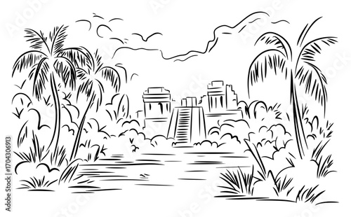 Jungle Temple Landscape Sketch Vector – Ancient Pyramid Ruins with Palm Trees and Lake, Adventure Scene for Travel Posters, Storybooks, Games, Explorer Branding