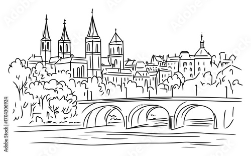 European Old Town River Bridge Skyline Sketch Vector – Historic Cityscape with Towers, Domes and Trees for Travel Posters and Souvenirs
