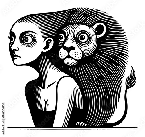 Surreal Woman Lion Hybrid Line Art Vector – Mythical Sphinx Portrait with Female Face and Mane for Fantasy Tattoos, Book Covers, Esoteric Logos, Editorial Illustrations
