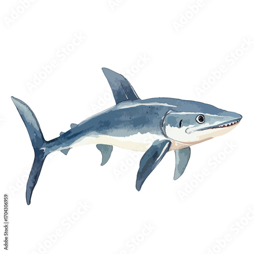 Watercolorstyle illustration of a blue shark with visible teeth and fins