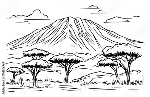 Mount Kilimanjaro Savannah Sketch Vector – African Peak with Umbrella Acacia Trees and Grassland Panorama for Safari Posters, Geography Lessons, Travel Brochures