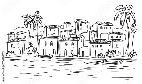 Coastal Palm Village Sketch Vector – Charming Seaside Fishing Town with Boats, Tropical Trees and Stucco Houses for Travel Guides, Wall Art, Children Storybooks