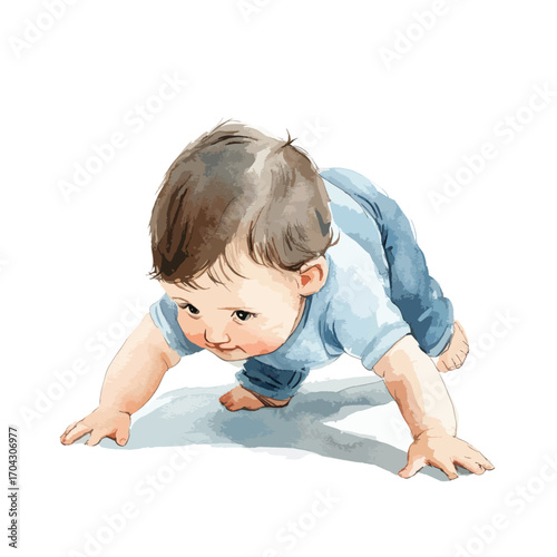 Watercolorstyle illustration of a baby crawling forward with focused gaze