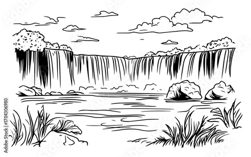 Grand Waterfall Lagoon Landscape Sketch Vector – Dramatic Cascading River Cliffs with Lush Tropical Vegetation for Travel Posters, Adventure Prints, Nature Infographics