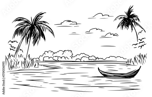 Tropical River Delta Line Art Vector – Palm-Fringed Island Creek with Fishing Boat and Cloudy Sky for Vacation Brochures, Summer Prints, Travel Logos