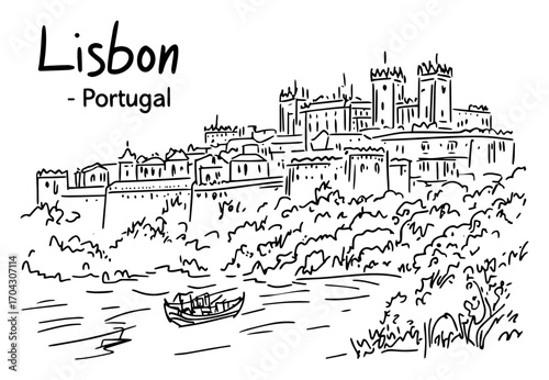 Lisbon Castle Hill Panorama Sketch Vector – Portuguese Cityscape with Castelo de São Jorge, Tagus River and Boat for Travel Posters, Souvenirs, Guidebooks