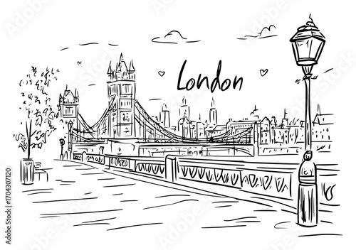 London Tower Bridge Riverside Walk Sketch Vector – Iconic British Landmark over Thames with Street Lamp and Embankment for Travel Posters, Souvenirs, Guidebooks