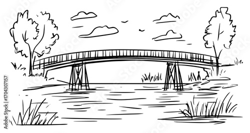 Rural Wooden Footbridge Line Art Vector – Small Pedestrian River Crossing in Countryside Landscape for Storybooks, Camping Maps, Wall Art, Eco Logos