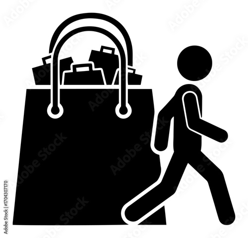 Shopping Bag with Walking Buyer Silhouette Vector – Retail Purchase Icon for E‑Commerce Apps, Storefront Signage, Marketing Infographics