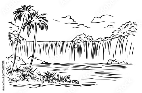 Tropical Waterfall Oasis Line Art Vector – Cascading River Falls with Palm Trees and Lagoon for Travel Posters, Adventure Graphics, Nature Logos
