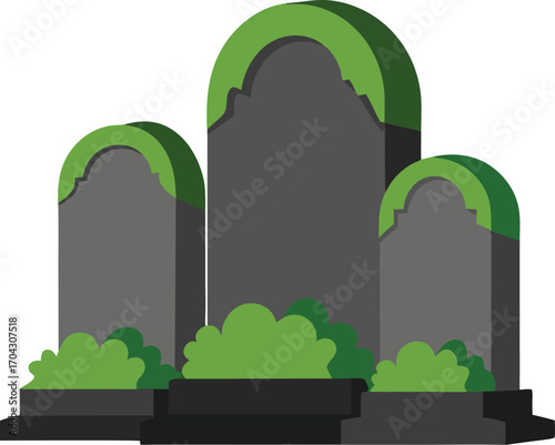 Three Gray Tombstones with Green Moss in a Cemetery Illustration