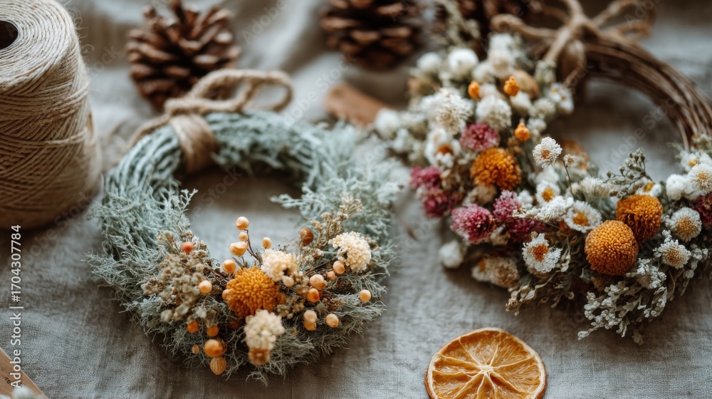 Fototapeta premium Beautiful eco friendly Christmas wreaths crafted from dried flowers and natural materials for festive decoration and celebration