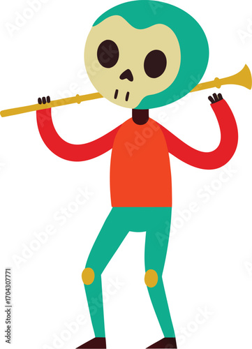 colorful skeleton playing flute, cartoon style clip art preview