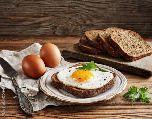 fried egg with bread on a plate, breakfast, ai ki, generated image, 
