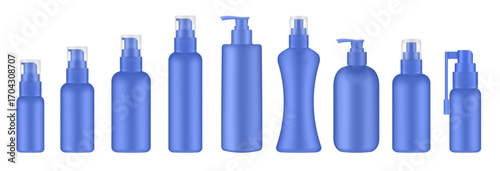 Set of blue cosmetic bottles with pump. Dispenser for soap or lotion. Plastic cosmetic containers. Serum or gel. Sore throat spray