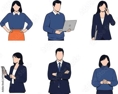 Cartoon business people, professional poses, laptop, smartphone, thinking gesture, suit and tie, teamwork concept, colorful illustration, workplace diversity