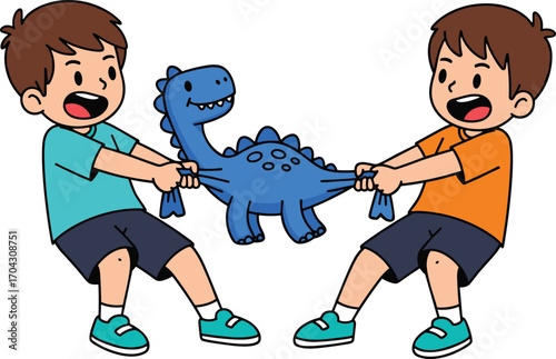 Cartoon boys tug-of-war, dinosaur toy conflict, playful moment, sharing challenge, vector art, childhood emotions, white background, competition, kids