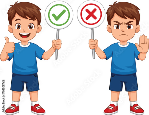 Cartoon boys with signs, approval and disapproval, thumbs up and stop gesture, correct and incorrect, vector art, white background, emotion