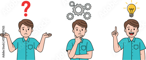 Cartoon character thinking, confused pose, idea light bulb, problem-solving stages, educational concept, gears, question mark, colorful illustration