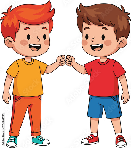 Cartoon boys fist bump, friendship gesture, happy children, social interaction, vector art, smiling kids, teamwork, respect, white background, camaraderie