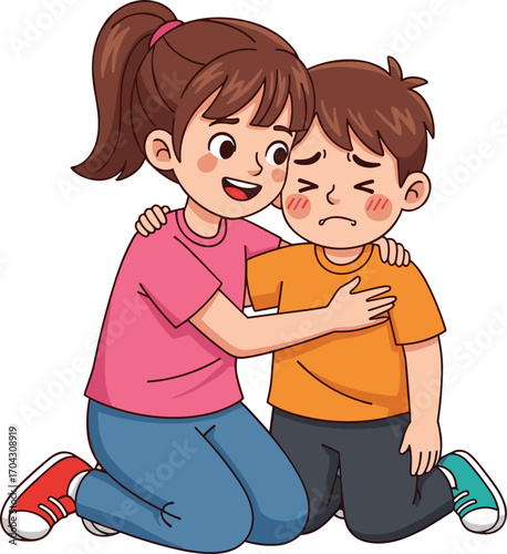 Cartoon children empathy, comforting moment, emotional support, kindness illustration, vector art, friendship, caring gesture, child emotions, white background, compassion
