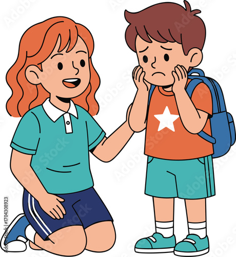 Cartoon children empathy, school moment, comforting gesture, emotional support, sad child, vector art, friendship, caring pose, white background, kindness