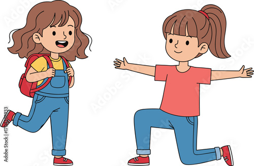 Cartoon children greeting each other, joyful reunion moment, friendship scene, school interaction, vector art, happy pose, white background, emotional connection