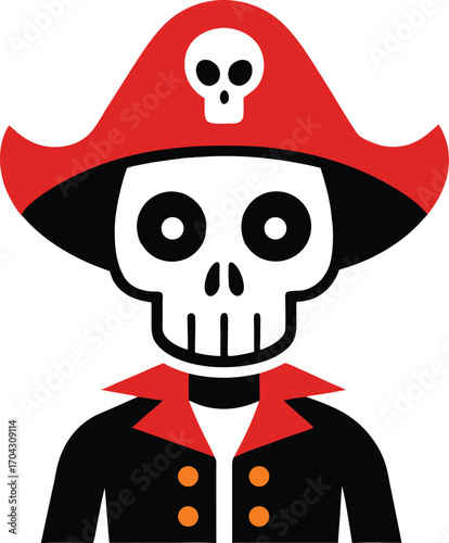 Cartoon Pirate Skeleton Illustration with Red Hat and Black Coat for Halloween
