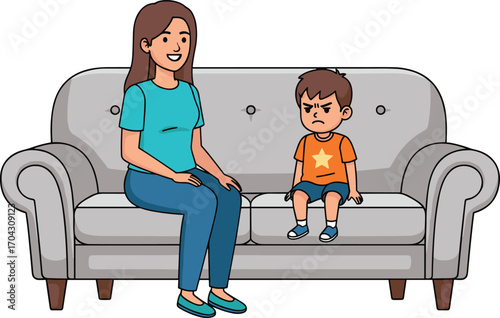Cartoon mother and child, emotional contrast, family moment, upset child, comforting pose, vector art, parenting theme, white background, feelings, care