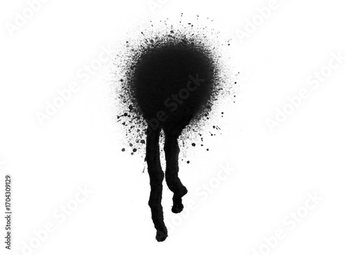 Black spray paint splatter with drips isolated on transparent background