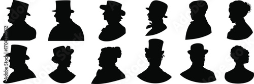 A set of various vintage Victorian-era portrait silhouettes, featuring male and female profiles, historical figures, and retro elegant people.