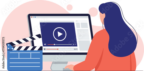 Video editing concept, person at desk, desktop screen, play button interface, filmmaking tools, clapperboard, digital content creation, vector illustration