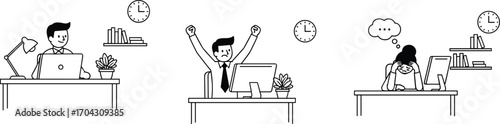 Work, desk, emotion, stress, success, focus, silhouette, black, white, vector, illustration, laptop, computer, clock, mood, posture, productivity, burnout, celebration, design