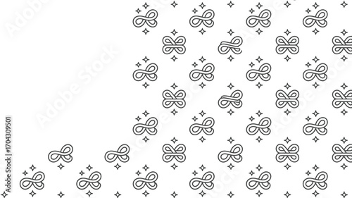 Pattern of infinity symbols and stars arranged in a cascading design on a white background surface