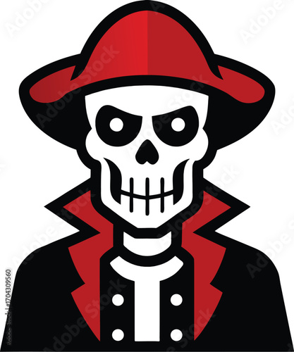 Skull pirate captain with red hat and coat vector illustration