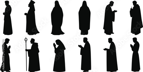 A set of various priest, monk, and religious figures silhouettes, featuring Christian clergy and spiritual people in different poses.