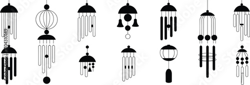 A set of various wind chime silhouettes, featuring different shapes, sizes, and melodic decorative ornaments on a white background.