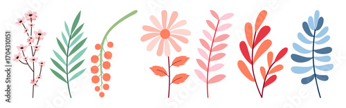 Charming floral elements featuring delicate blossoms, berries, and leaves, perfect for various decorative and creative design projects.